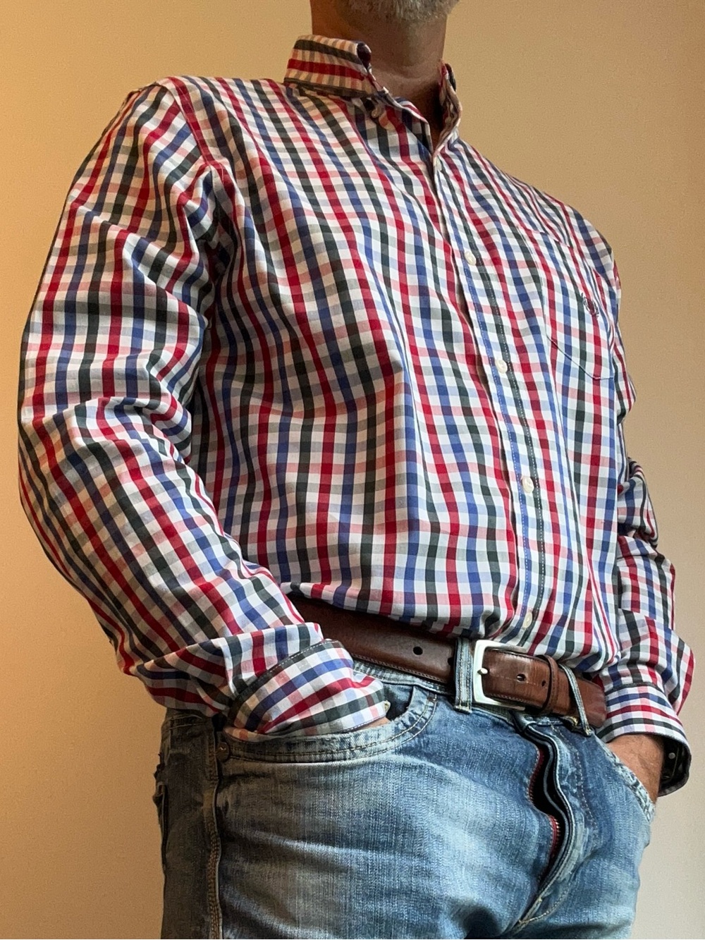 Chaps Men's Stretch Easy Care Gingham Plaid Long Sleeve Shirt L